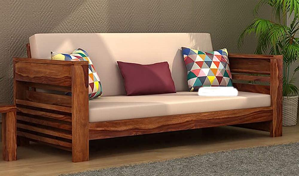 Solid Wood 3 Seater Sofa Set Home Living Room Furniture, Wooden 3-Person Sofa Set, Sheesham Wood Sofa Set