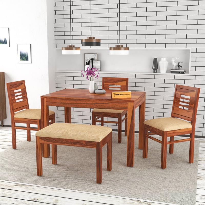 Solid Sheesham Wood Dining Room Sets 4 Seater Dining Table with 3 Cushions Chairs & 1 Bench for Dining Room, Living Room, Restaurant