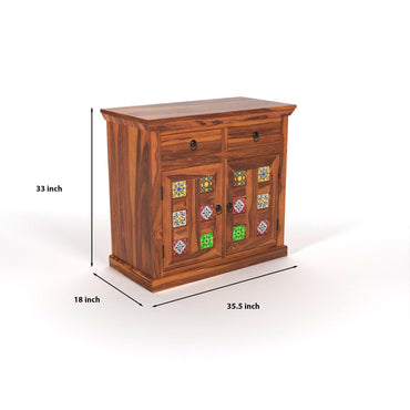 Solid Wood Sheesham Small Wooden Cabinet for Living Dining Drawing Bedroom & Office with 2 Drawer & 2 Rack