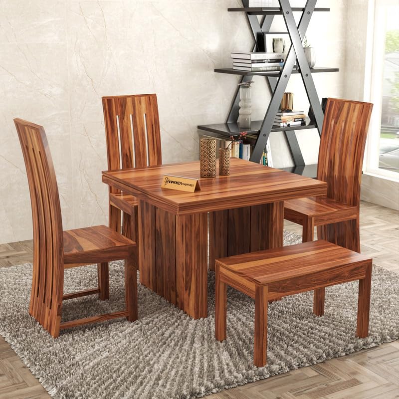 olid Sheesham Wood Dining Room Sets 4 Seater Poester Dining Table with 3 Chairs & 1 Bench for Dining Room, Living Room, Restaurant, Cafeteria