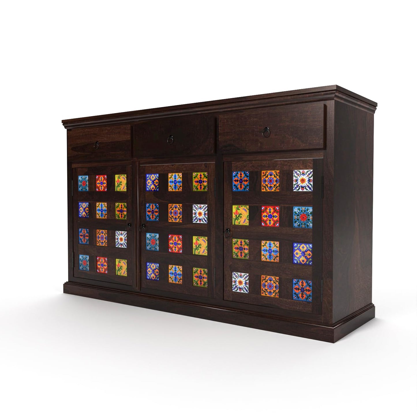 Solid Wood Sheesham Small Wooden Cabinet in Traditional Rajasthani Style with 3 Drawer & 4 Rack for Living Dining Drawing Bedroom & Office