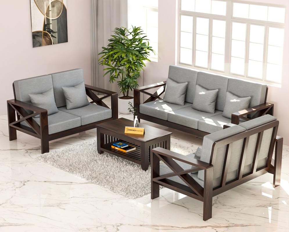 Solid Sheesham Wooden 7 Seater Sofa Set for Living Room, Seven Seater Sofa for Office & Lounge, 3+2+2 Seater Sofa Sets for Home with Cushions, X-Legs Sofa Set