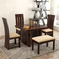 Solid Sheesham Wood Dining Room Sets 4 Seater Poster ining Table with 3 Cushions Chairs & 1 Bench for Dining Room, Living Room, Restaurant, Cafeteria