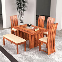 Solid Sheesham Wood Dining Room Sets 6 Seater Poster Dining Table with 4 Cushions Chairs & 1 Bench for Dining Room, Living Room, Restaurant, Cafeteria