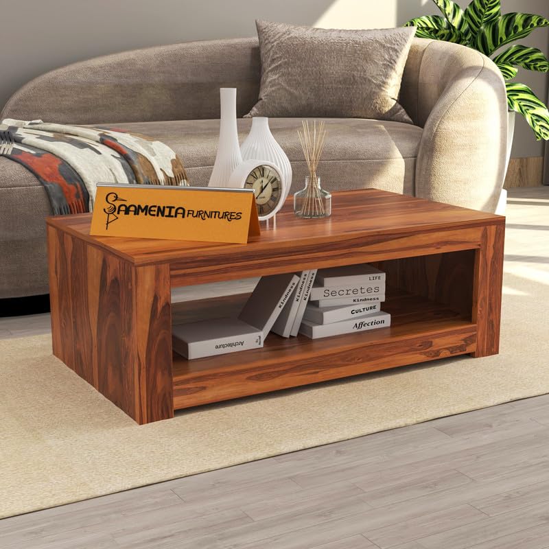 Solid Sheesham Wood Rectangle Centre Table, Coffee Table for Living Room, Wooden Sofa Center Table with Shelf Storage for Home & Office | Rosewood