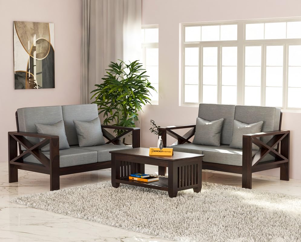 Solid Sheesham Wooden 4 Seater Sofa Set for Living Room, 2+2 Seater Sofa Sets for Home with Cushions, X-Legs Sofa Set