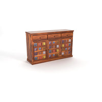 Solid Wood Sheesham Small Wooden Cabinet in Traditional Rajasthani Style with 3 Drawer & 4 Rack for Living Dining Drawing Bedroom & Office