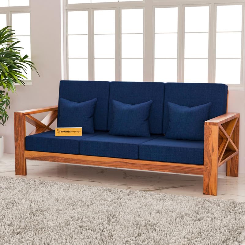 Solid Sheesham Wooden 3 Seater Sofa Set for Living Room with Cushions, X-Legs Sofa Set