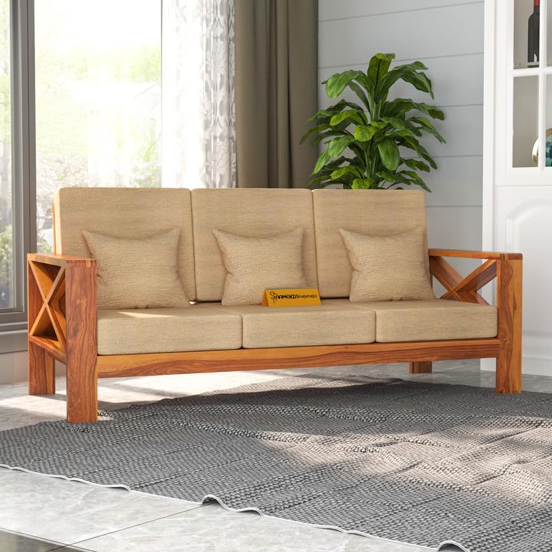 Solid Sheesham Wooden 3 Seater Sofa Set for Living Room with Cushions, X-Legs Sofa Set