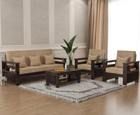 Solid Sheesham Wood 5 Seater Sofa Set for Living Room, 3+1+1 Seater Sofa Sets for Office & Lounge with Beige Cushions