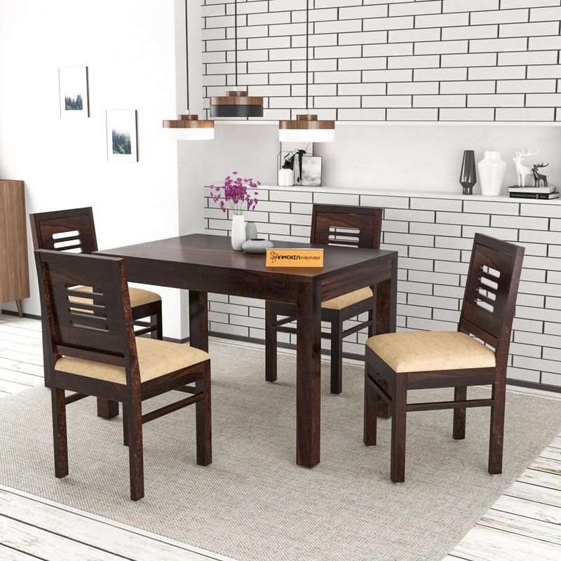 olid Sheesham Wood Dining Room Sets 4 Seater Dining Table with 4 Cushions Chairs for Dining Room, Living Room, Kitchen, Hotel, Restaurant