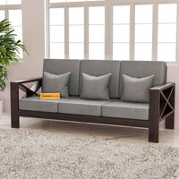 Solid Sheesham Wooden 3 Seater Sofa Set for Living Room with Cushions, X-Legs Sofa Set