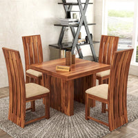 Solid Sheesham Wood Dining Room Sets 4 Seater Poster Dining Table with 4 Cushions Chairs for Dining Room, Living Room, Restaurant, Cafeteria