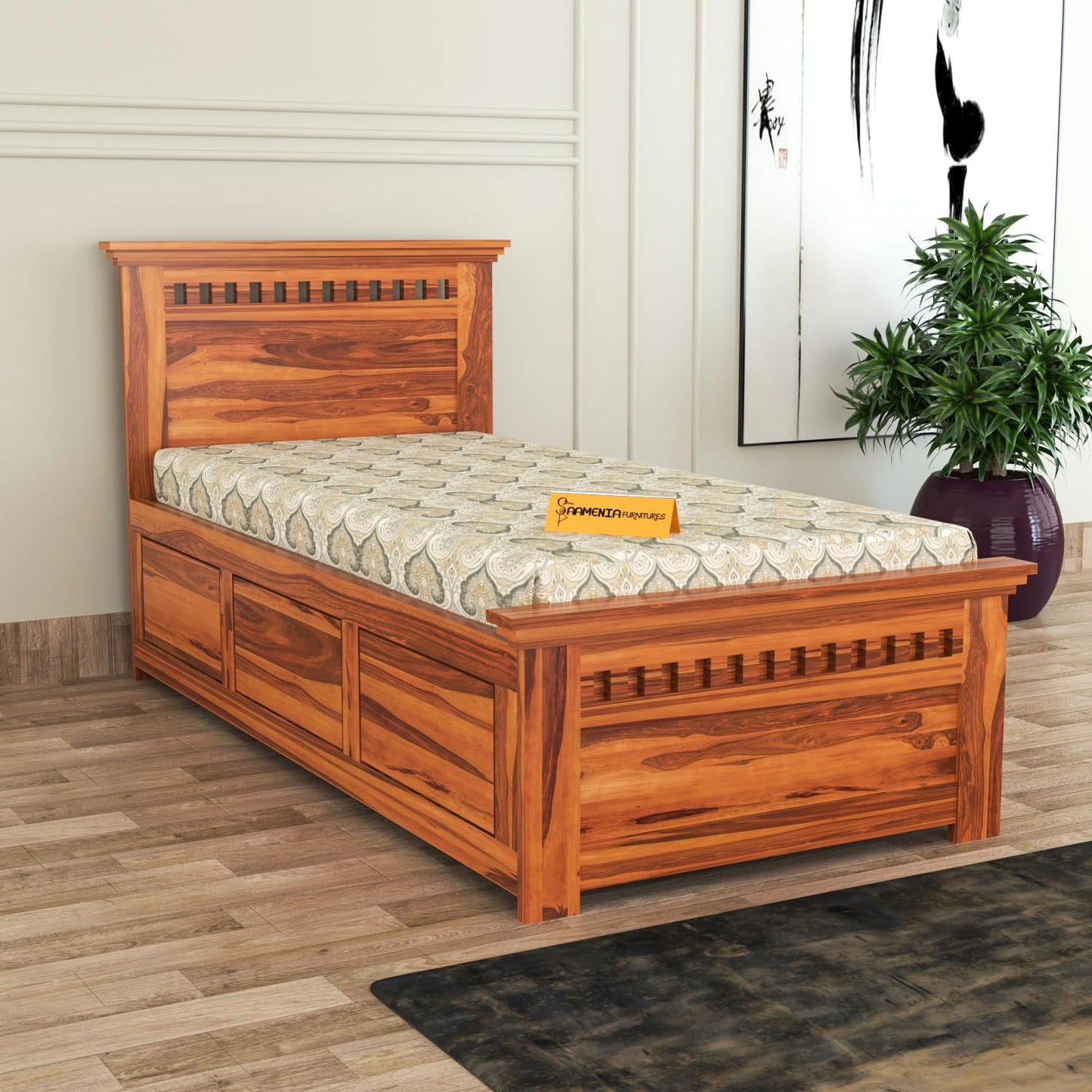 Solid Sheesham Wood Bedroom Furniture Single Bed with Storage Without Mattress for Bedroom, Living Room, Hotel, Guest Room