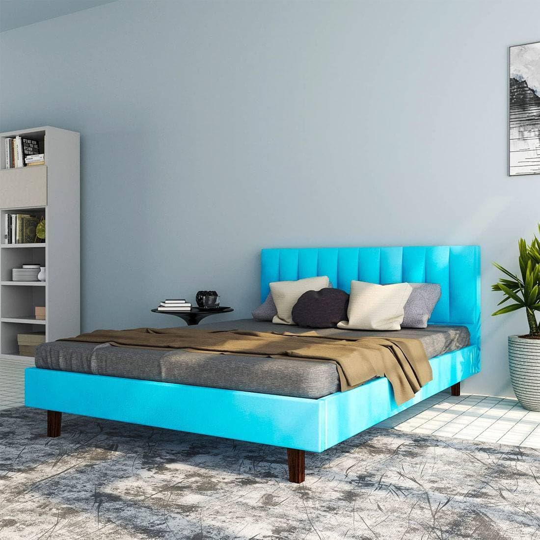 Fabric Upholstered Queen Size Bed with Headboard for Bedroom, Kids Room, Hotel | Engineered Wood Queen Bed