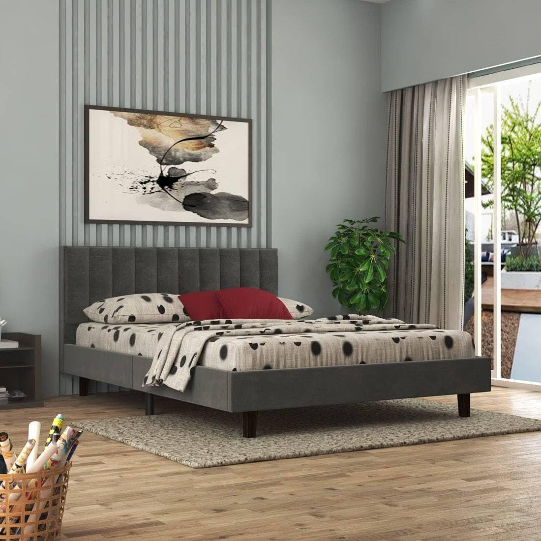 Fabric Upholstered Queen Size Bed with Headboard for Bedroom, Kids Room, Hotel | Engineered Wood Queen Bed