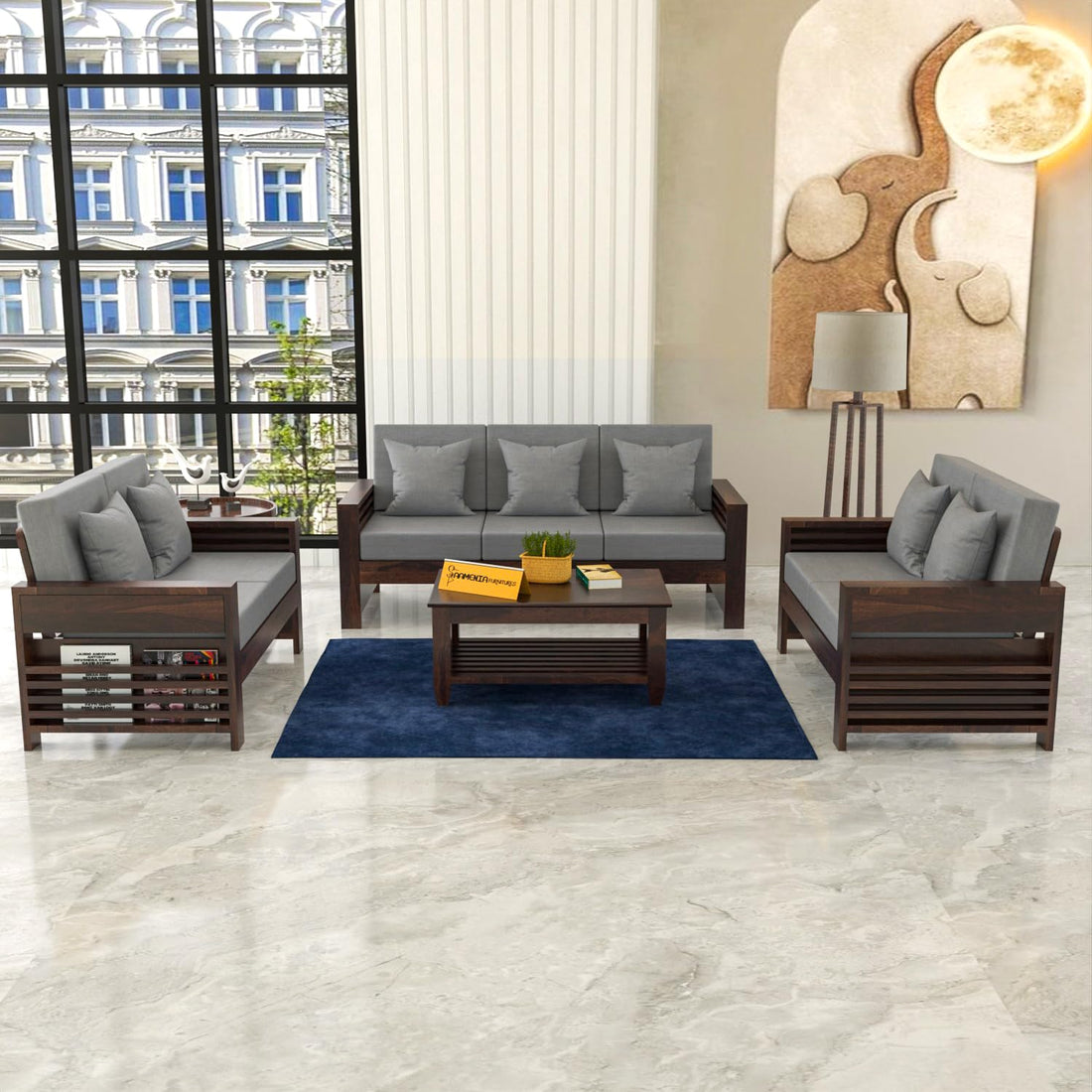 Sheesham Wood 7 Seater Side Cup Stand Sofa Set for Living Room | 7 Seater Sofa Set | Wooden Sofa Set | (3+2+2)