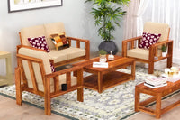 Solid sheesham Wooden 4 Seater Sofa Set for Living Room with Cream Cushions (2+1+1)