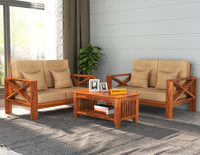 Sheesham Wooden 4 Seater Sofa Set for Living Room, 2+2 Seater Sofa Sets for Home with Cushions, X-Legs Sofa Set