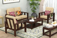 Solid sheesham Wooden 4 Seater Sofa Set for Living Room with Cream Cushions (2+1+1)