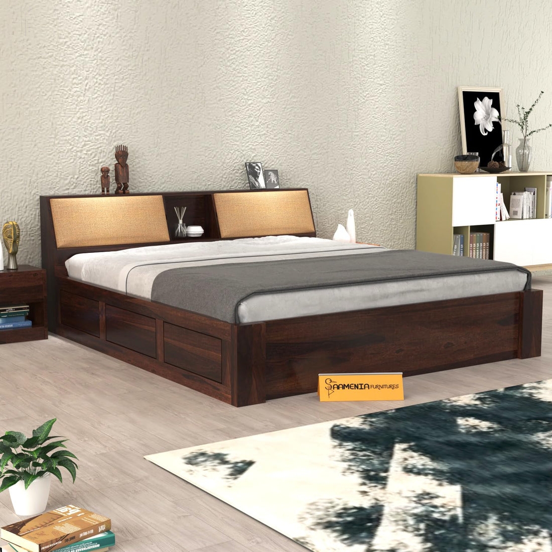 Sheesham Wood King Size Bed with Box Storage Wooden Double Bed Cot Bed Furniture for Bedroom Living Room Home