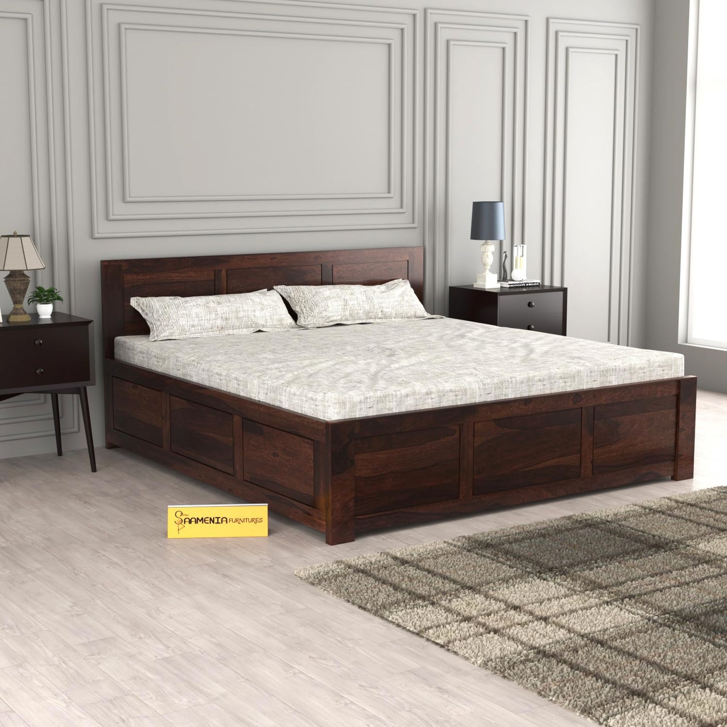 Solid Sheesham Wood King Size Bed with Box Storage for Bedroom Furniture Wooden Palang for Living Room Furniture