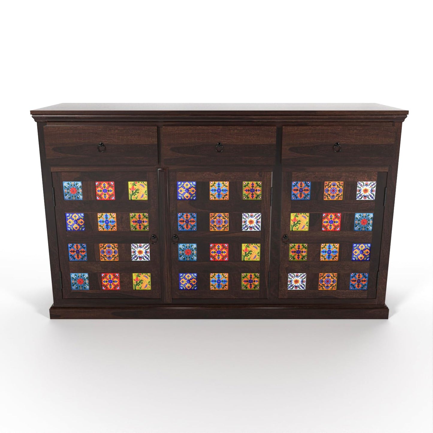 Solid Wood Sheesham Small Wooden Cabinet in Traditional Rajasthani Style with 3 Drawer & 4 Rack for Living Dining Drawing Bedroom & Office