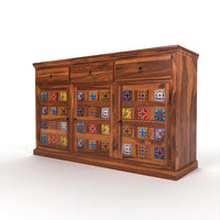 Solid Wood Sheesham Small Wooden Cabinet in Traditional Rajasthani Style with 3 Drawer & 4 Rack for Living Dining Drawing Bedroom & Office