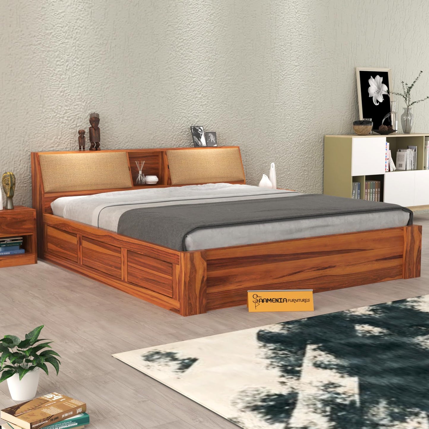 Sheesham Wood King Size Bed with Box Storage Wooden Double Bed Cot Bed Furniture for Bedroom Living Room Home