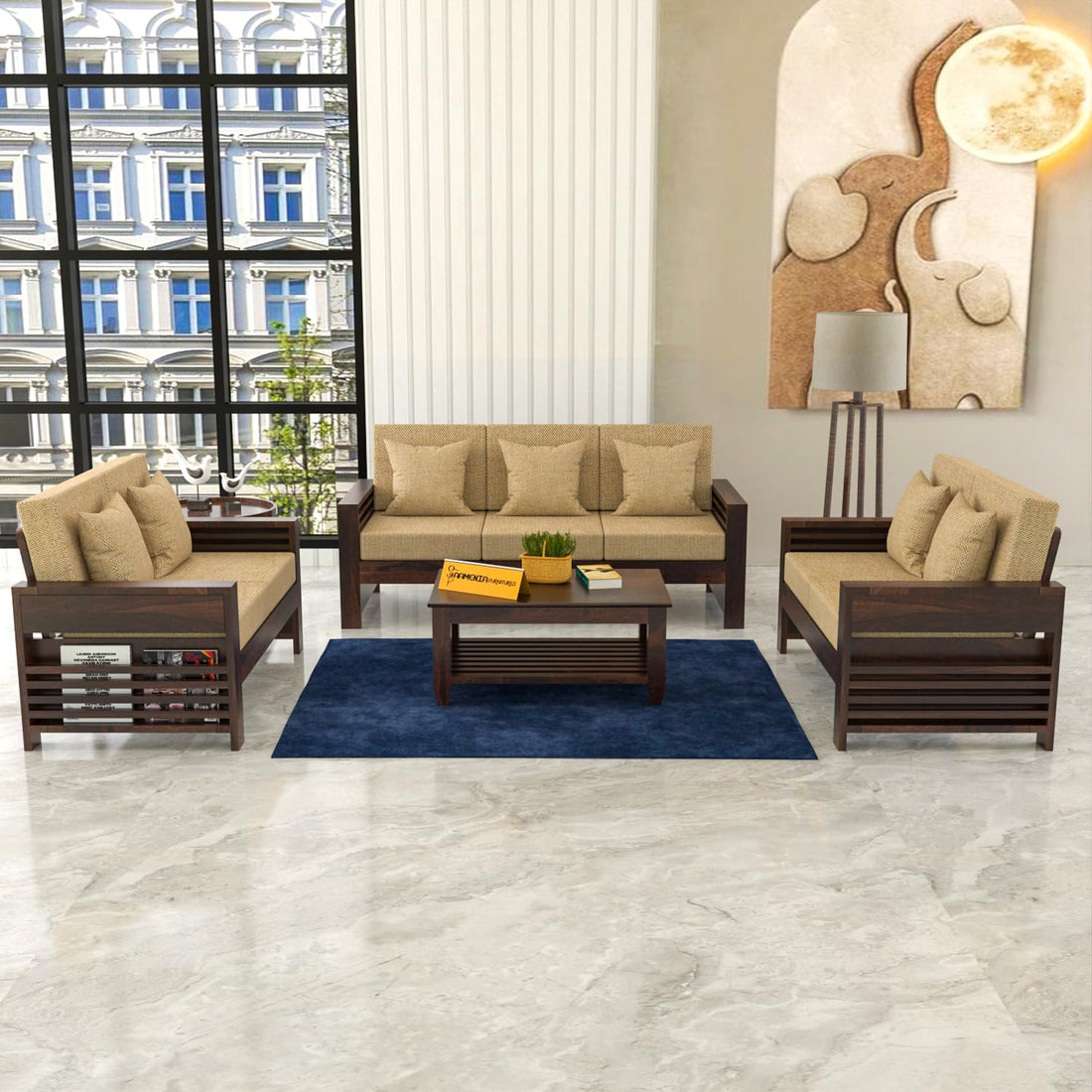 Sheesham Wood 7 Seater Side Cup Stand Sofa Set for Living Room | 7 Seater Sofa Set | Wooden Sofa Set | (3+2+2)