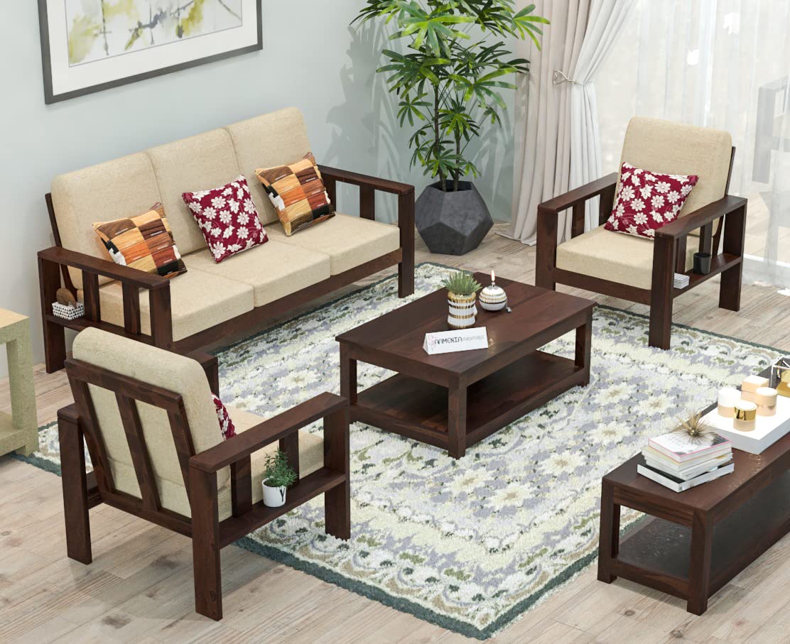 Solid sheesham Wooden 5 Seater Sofa Set for Living Room with Cream Cushions (3+1+1)