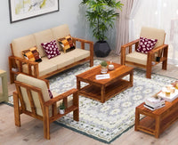 Solid sheesham Wooden 5 Seater Sofa Set for Living Room with Cream Cushions (3+1+1)