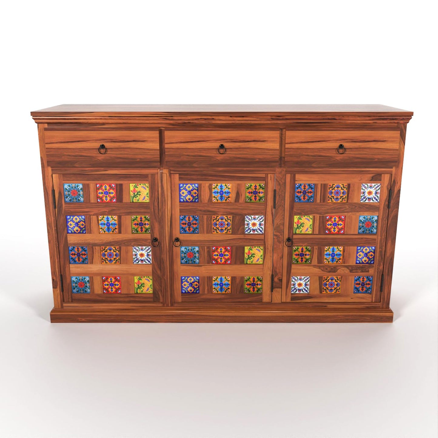 Solid Wood Sheesham Small Wooden Cabinet in Traditional Rajasthani Style with 3 Drawer & 4 Rack for Living Dining Drawing Bedroom & Office