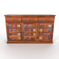 Solid Wood Sheesham Small Wooden Cabinet in Traditional Rajasthani Style with 3 Drawer & 4 Rack for Living Dining Drawing Bedroom & Office