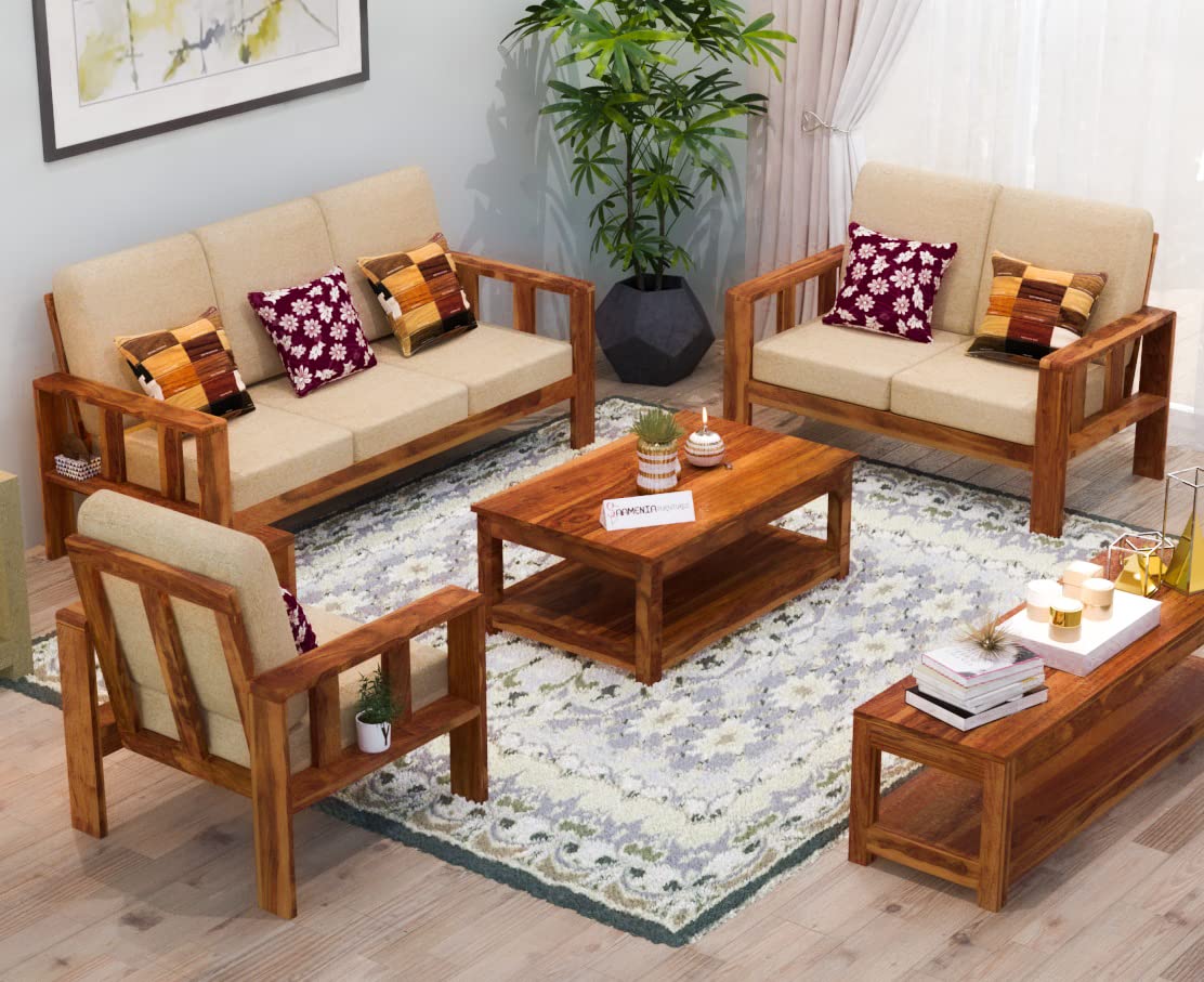 Solid sheesham Wooden 6 Seater Sofa Set for Living Room with Cream Cushions (3+2+1)