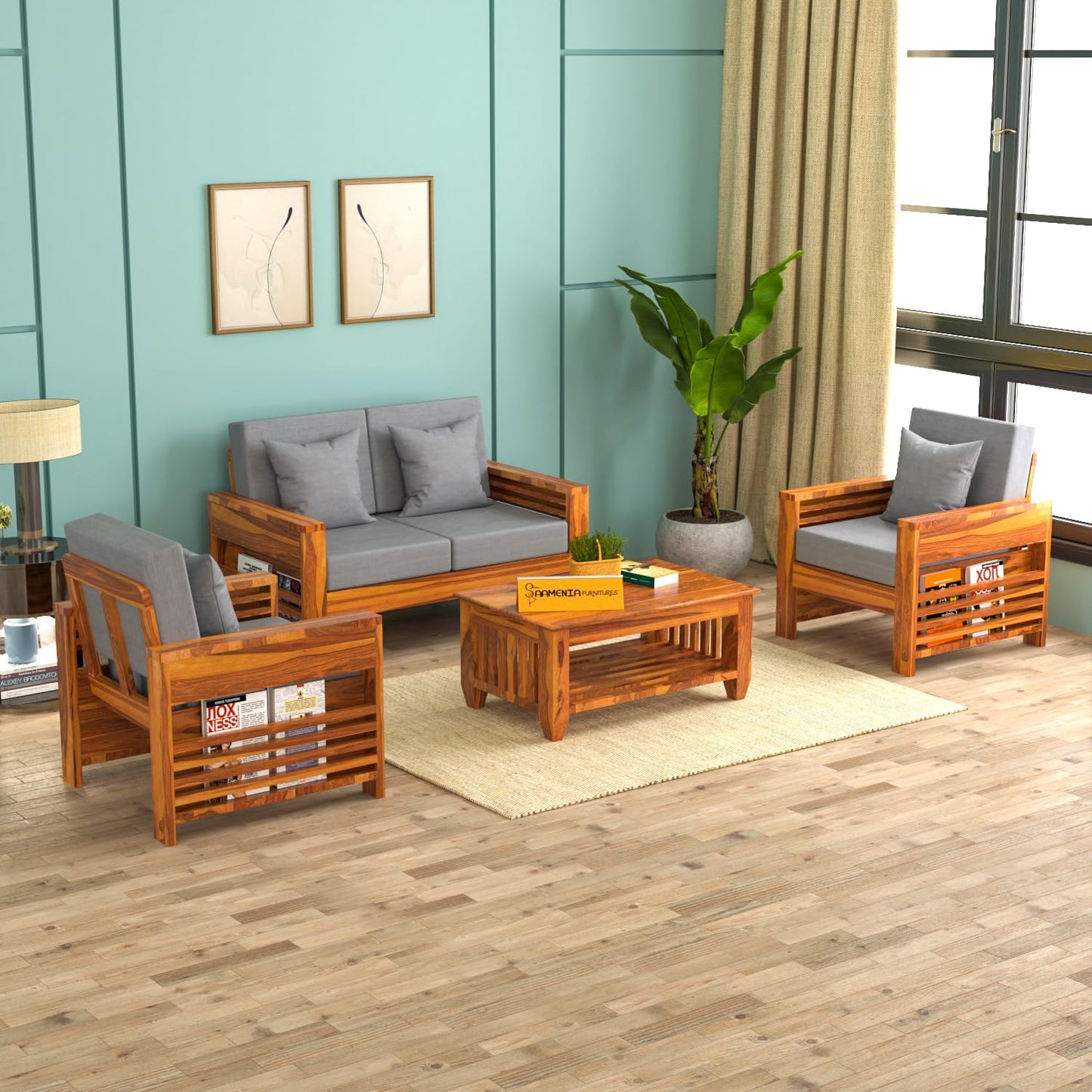 Sheesham Wood 4 Seater Side Cup Stand Sofa Set for Living Room | 4 Seater Sofa Set | Wooden Sofa Set | (2+1+1)