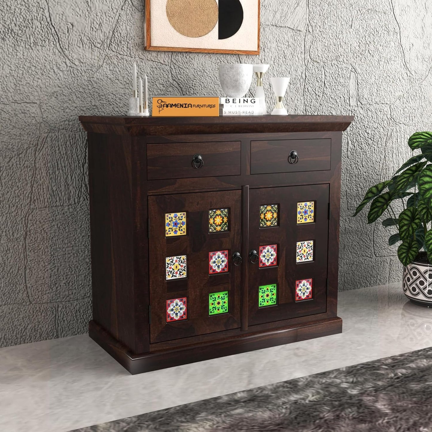 Solid Wood Sheesham Small Wooden Cabinet for Living Dining Drawing Bedroom & Office with 2 Drawer & 2 Rack