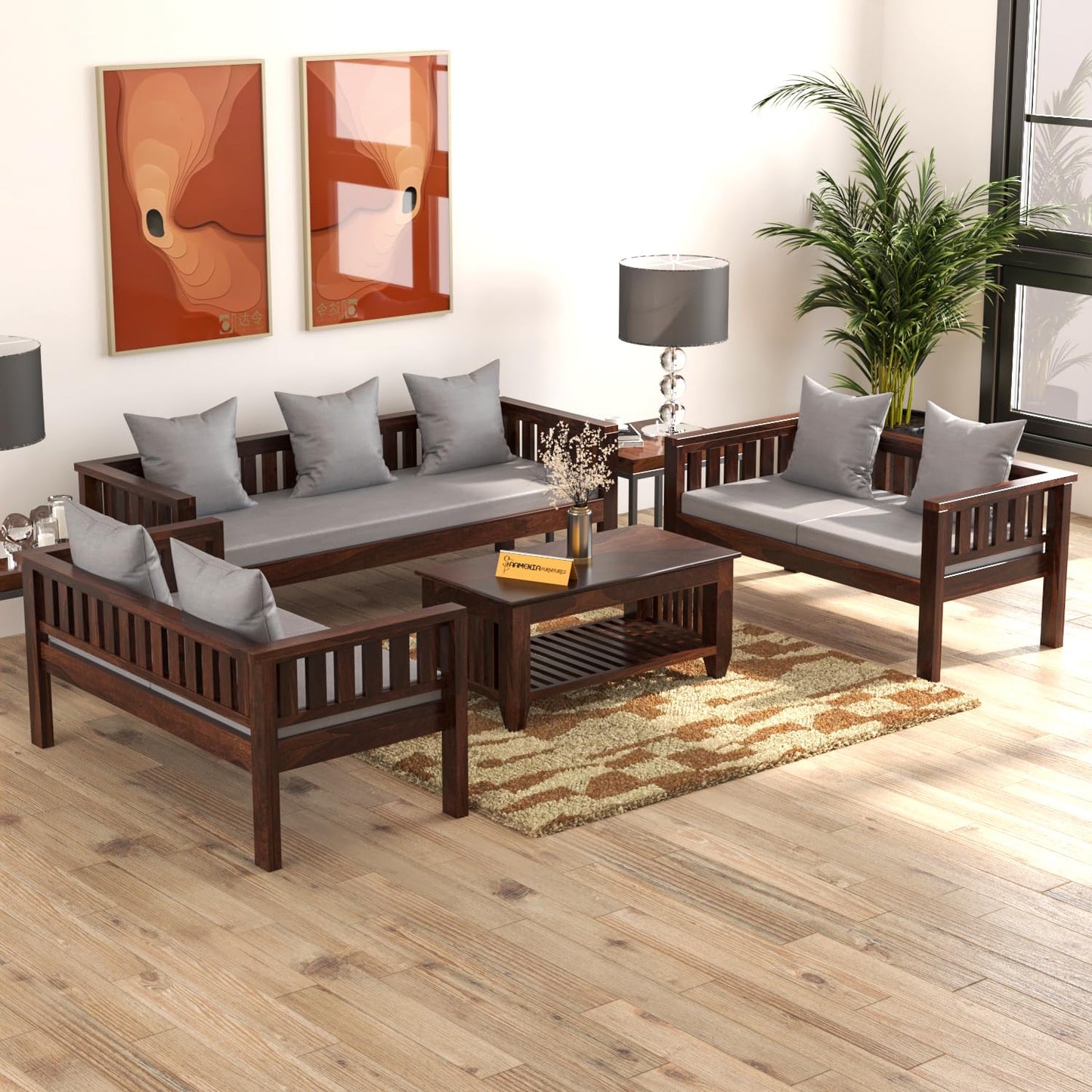 Sheesham Wood 7 Seater Low Height Sofa Set with Coffee Table for Living Room Wooden Sofa Set for Living Room Furniture 3+2+2