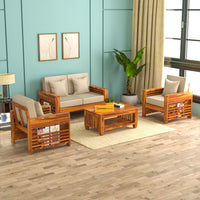 Sheesham Wood 4 Seater Side Cup Stand Sofa Set for Living Room | 4 Seater Sofa Set | Wooden Sofa Set | (2+1+1)