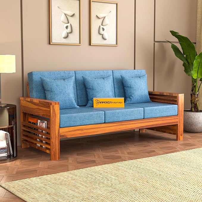 Wooden 3 Seater Side Cup Stand Sofa | Three Seater Sofa for Living Room Drawing Room Office Lounge Balcony Hall & Bedroom | Solid Wood Sheesham