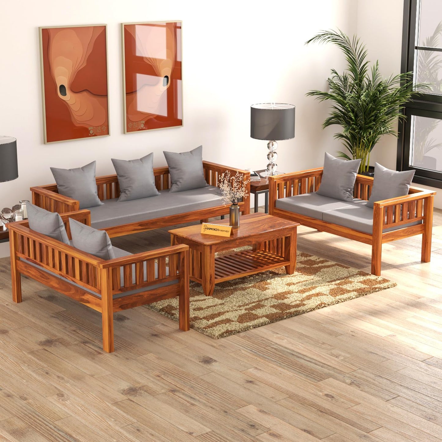 Sheesham Wood 7 Seater Low Height Sofa Set for Living Room Wooden Sofa Set for Living Room Furniture 3+2+2