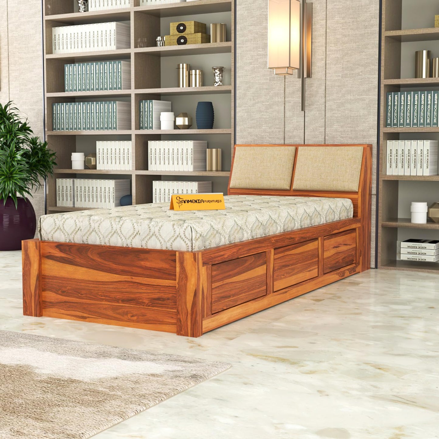 Solid Sheesham Wood Bedroom Furniture Single Bed with 2 Drawes with Storage Without Mattress for Bedroom, Living Room, Hotel, Guest Room