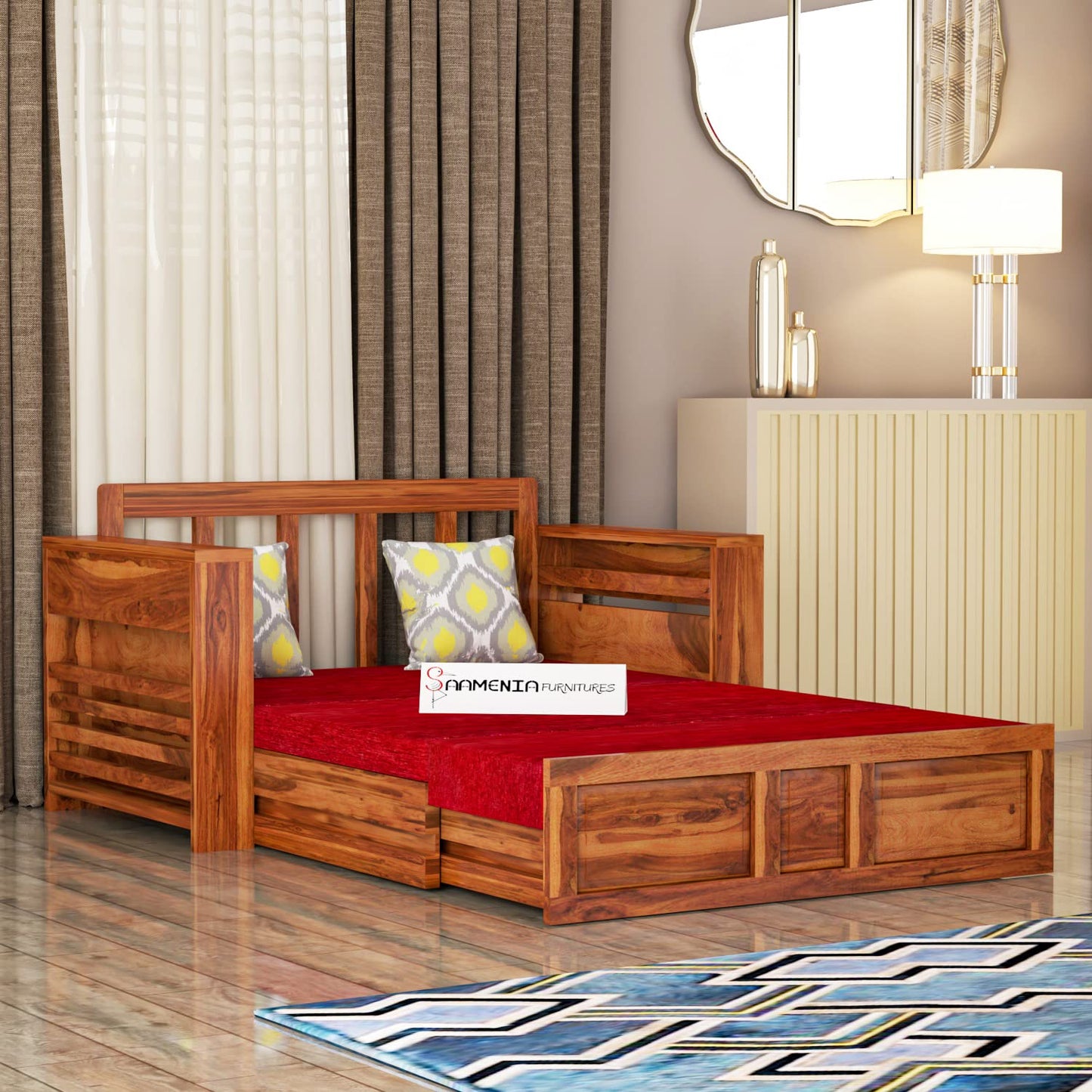 Solid Sheesham Wooden 2 Seater Sofa Cum Bed with Storage for Living Room, Bedroom Furniture -