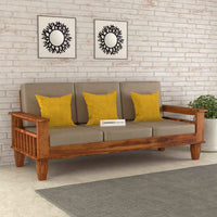 Wooden Solid Sheesham Wood 3 Seater Sofa Set with Beige Cushions