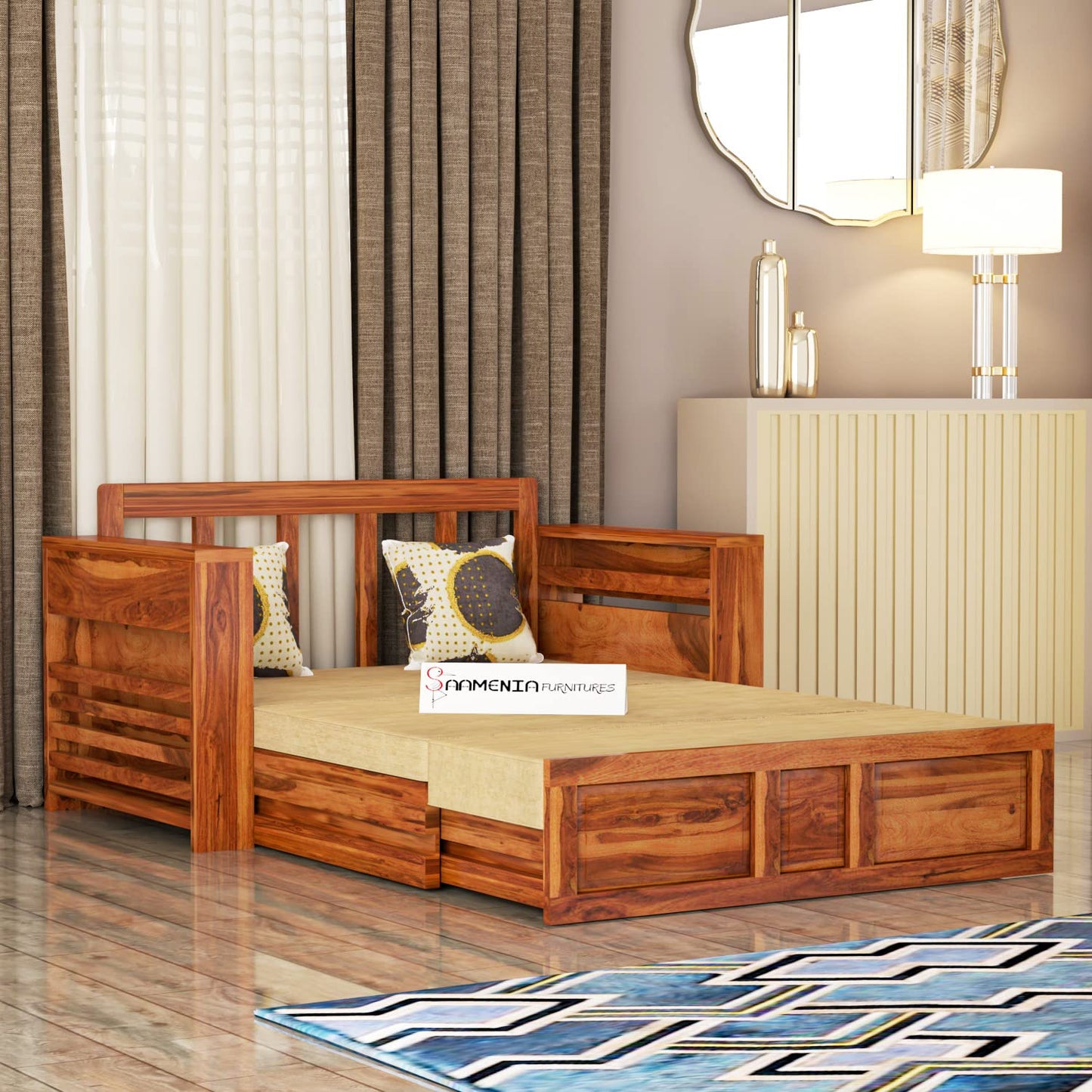 Solid Sheesham Wooden 2 Seater Sofa Cum Bed with Storage for Living Room, Bedroom Furniture -