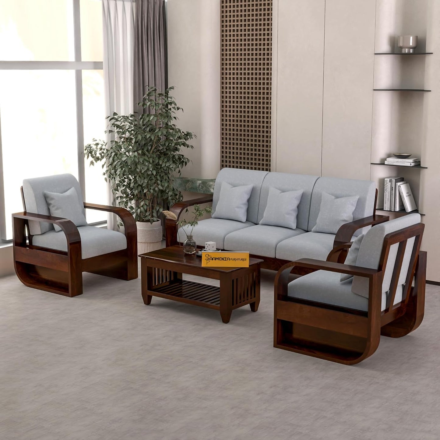 Solid Sheesham Wooden 5 Seater Sofa Set Without Coffee Table with Cushions for Living Room, Home & Office Furniture (3+1+1)