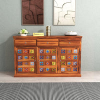 Solid Wood Sheesham Cabinet in Traditional Rajasthani Style with 3 Drawer & 4 Rack for Living Dining Drawing Bedroom & Office