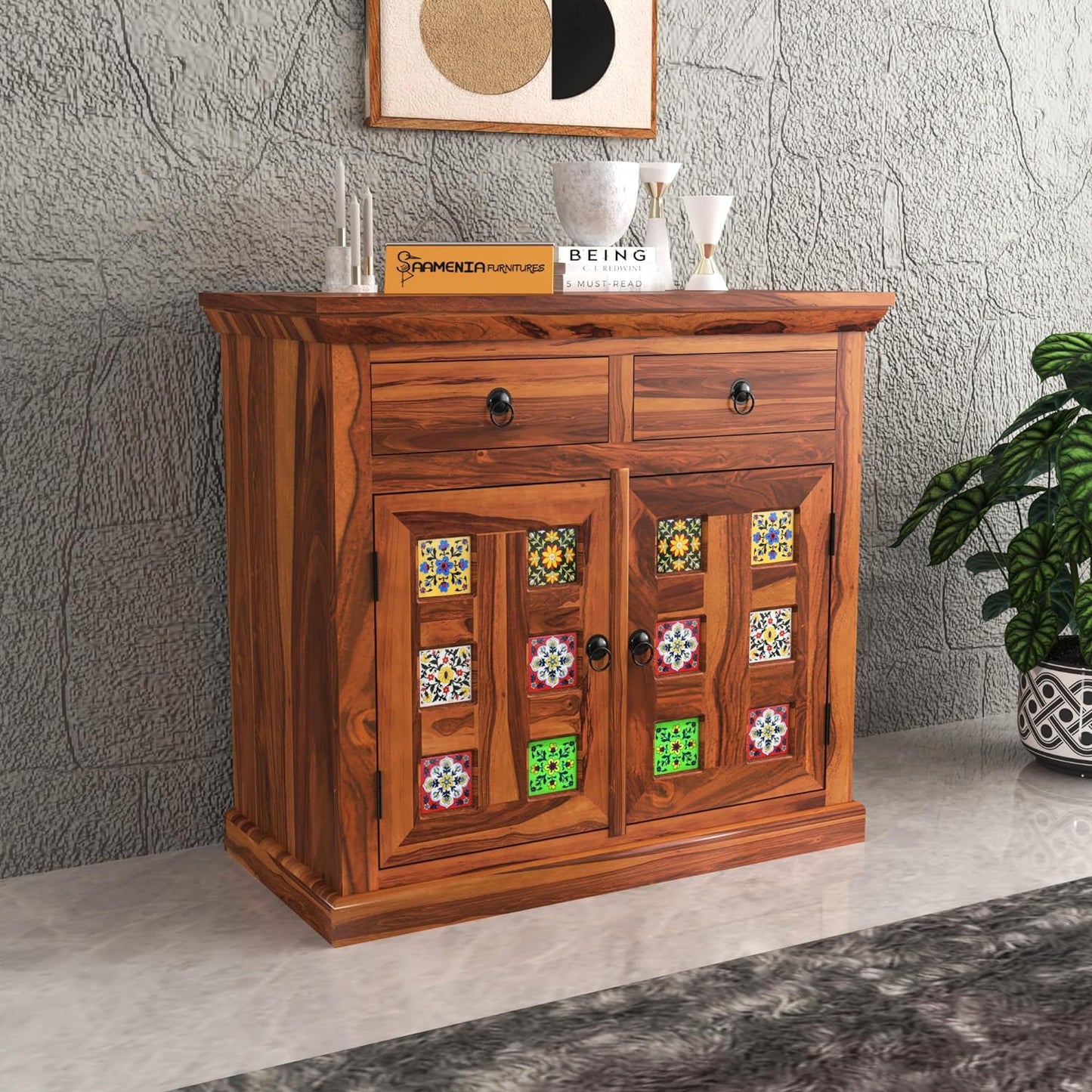 Solid Wood Sheesham Small Wooden Cabinet for Living Dining Drawing Bedroom & Office with 2 Drawer & 2 Rack