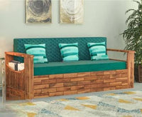 Solid Sheesham Wood 3 Seater Sofa Cum Bed with Side Pockets Storage for Home Living Room Wooden Sofa Cum Bed