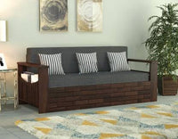 Solid Sheesham Wood 3 Seater Sofa Cum Bed with Side Pockets Storage for Home Living Room Wooden Sofa Cum Bed